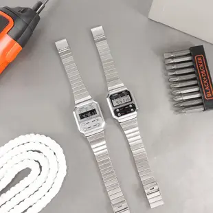 CASIO / 卡西歐 復古方型 計時碼錶 電子數位 不鏽鋼手錶 灰銀色 / A100WE-7B / 33mm