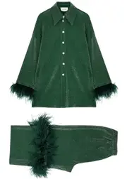 Sleeper Cosmos Feather-trimmed Metallic Pyjama set - Dark Green XL (UK16 / XL)