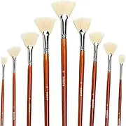 DUGATO Artist Fan Paint Brush Set of 9, White Hog Bristle Natural Hair Anti-Shedding Brush Tips, Long Wooden Handle for Comfortable Holding, Great for Acrylic Watercolor Oil Painting