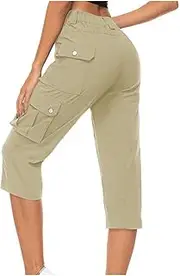 [WAJCSHFS] Cargo Pants Women Low Waisted Drawstring Capri Pants Outdoor Hiking Casual Pants Lightweight Jogger Pants, Z12-khaki