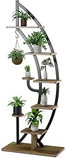 [Costway] 6-Tier Tall Metal Plant Stand Rack, Curved Half Moon Shape Ladder Planter Shelf W/ Top Hook, Anti-Toppling Device, Modern Flower Pot Holder, Indoor Metal Flower Shelf for Balcony, Living Room (Black-1PCS)
