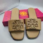 Tory Burch Ines Leather Slides Almond Flour Color Logo Flat Sz 7 New