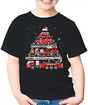 [SDVN] Firefighter Fire Truck Christmas Tree Lights Santa Fireman Xmas Unisex Kids Shirt Gift Boy Girl Youth T-Shirt (Black;XS)