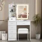 White Vanity Table Set 6-Drawers Dressing Table Makeup Desk W/ LED Mirror Stool