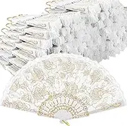 Wesiti 100 Pieces Rose Lace Floral Hand Fans Gold Retro Elegant Chinese Folding Fan White Vintage Bridal Handheld Dancing Fan Props for Wedding Party Church Ornaments