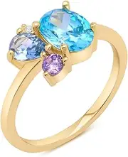 [3 Golden Rules] Multi-Gemstone Statement Ring, Gold-Plated, London Blue Topaz and Amethyst, Fashion Jewellery