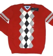 New Tommy Hilfiger Boys Argyle V-Neck Pullover Sweater L (16-18) Red Long Sleeve