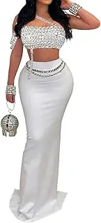 [WOKANSE] Two Piece Dress Sets for Women Spaghetti Strap Sleeveless Rhinestone Tube Top Bodycon Long Maxi Skirt Set