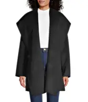$895 Vince Womens Jacket L Black Wool Blend Shawl Collar Hooded Open Car Coat