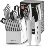 RAXCO 19PCS Kitchen Knife Set with Block & Sharpener, 6 Chef Knives & 8 Steak Knives for Home Restaurant (White)