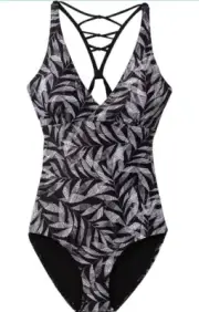 NEW prAna BLACK SPRINGTIME PRINT ATALIA ONE PIECE SWIMSUIT STRAPPY RACERBACK