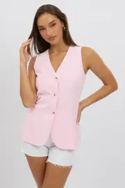 Pink Linen Vest Longline V Neck - Size 6XXS, Women's Jacket