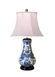 Chinese Blue and White Porcelain Round Vase Floral Bird Motif Table Lamp 30.5"