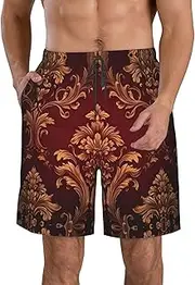 [OAROK] Damask Pattern Men's Casual Beach Shorts Quick Drying Shorts Men's Stretch Swim Trunks Daily Wear Style, White, Small
