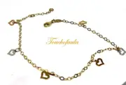 14K YELLOW GOLD DANGLING HEARTS ANKLET 2.2 GRAMS 9 TO 10 INCHES.