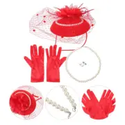 1 Set Fascinator Hat Veil Headband Necklace Earrings and Gloves Set for