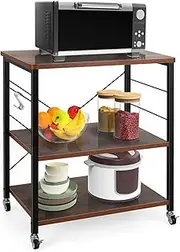 Giantex 3-Layer Bakers' Rack Microwave Stand, Rolling Cart With 4 Universal Wheels and 10 Removable Hooks, Coffee Cart Shelf Organizer for Kitchen, Living Room, Entryway (Rustic Brown)