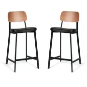 Set of 2 - Espriit Enfys Industrial Bar Stool 65cm - Black Frame - Natural Oak Back - Black Cushion Seat