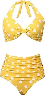 [Honlyps] Retro High Waist Swimsuit for Women Halter 2 Piece Bathing Suit Ruffle Bikini Set Tummy Control Dots Push Up Knot Tankini Set
