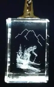 Snow Skier 3D Crystal Glass Laser Etching w/ Chrome Keychain 4” Gift Box New