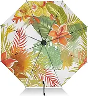 [RPLIFE] Tropical Flowers Leaves Orange Umbrella for Rain, Lightweight Portable Auto Open Close for Women, Travel Umbrellas for Rain, Wind and Sun