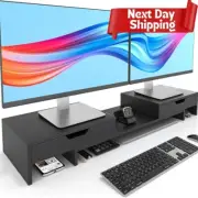 Monitor Stand with 2 Storage Drawers, Premium Bamboo Dual Monitor Stand Riser