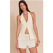 Cream Peach Skin Halterneck Long Top, Cream