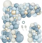 150Pcs Dusty Baby Blue Balloons Balloon Arch Garland Kit, Sand White Slate Fog Pastel Baby Blue Balloons Metallic Gold for Boy Baby Shower Bridal Shower Birthday Wedding Party Decorations