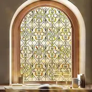 LuminManta 3D Stained Glass Window Privacy Film, Heat Control UV Blocking Static Cling Decorative Window Film for Bathroom,Front Door,Home Non Adhesive 35.4 x 78.7 inches Golden Filigree