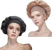 Castaic 2 Pcs Silk Bonnet With Soft Elastic Band, Satin Bonnets, Hair Wrap for Curly and Straight Hair (Black + Rose Gold)