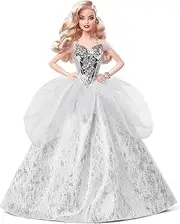 Barbie Signature 2021 Holiday Doll (12-inch, Blonde Wavy Hair) in Silver Gown, with Doll Stand and Certificate of Authenticity, 6 Year Olds and Up