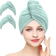 2 Pack Microfiber Hair Towel Wrap AUMA Super Absorbent Twist Turban for Women Fast Drying Hair Caps with Buttons for Drying Curly, Long & Thick Hair Anti Frizz (Aquamarine)