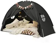 Twin Size Bed Tents with Stars Lights & Flags, Sleeping Tent for Twin Bunk Bed, Breathable Privacy Space Dream Tents Cottage Play Tent Portable & Foldable Teepee, for Indoor Room Floor Bed Tent, Black