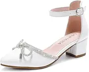 [LAURMOSA] Girls Sandals Closed Toe High Heels Pointed Toe Ankle Strap Pumps Flower Girl Dressy Shoes in Wedding Party Cute Bowknot Chunky Block Heeled for Little Big Kids