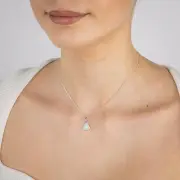 Sterling Silver Rhodium Plated Cubic Zirconia Created White Opal Triangle Pendant, Sterling Silver 30 Gauge Curb Chain in 45cm (60255049)