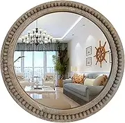 dwellington Rustic Round Wall Mirror, 24 Inch Wood Circle Mirror with Beads, Decorative Farmhouse Mirror for Living Room, Bedroom, Kitchen, Entryway (Natural)
