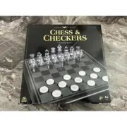 new sealed chess and checkers set with glass board