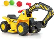 HONEY JOY 6V Kids Ride On Excavator, Multifunctional Construction Car w/Storage, Horn & Sound Effects, Folding Basketball Hoop & 3 Balls, Fun Digger Toy for Toddlers Aged 3+ Years Old, Yellow