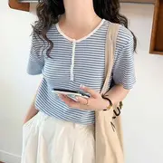 Short-Sleeve Henley Striped Tee Blue - S