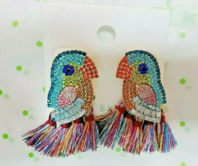 Lane Bryant Gold Tone Stud Back Parrot Earrings Colorful Gemstones & Tassels