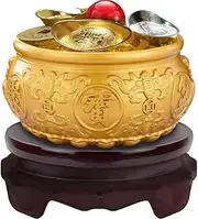 WAYUTO Brass Treasure Bowl Set with Base 5Pcs Copper Coins Citrine Lucky Ball 2Pcs Gold Ingots and 2Pcs Silver Ingots Chinese Feng Shui Decoration for Business Prosperity Fortune 3.15"