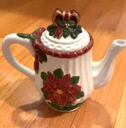 Teapot, Porcelain, white & Christmas Pointsettia & Bows new, 8 x 8 shiny