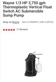 Wayne 1/3 HP 3,750 gph Vertical Float Switch AC Submersible Sump Pump