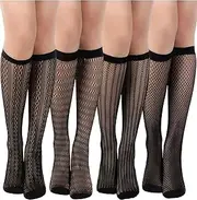 [Geyoga] 4 Pairs Women's Fishnet Knee Sock Black Hollow out Women's Calf Socks