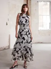 Mint Velvet Black Feather Print Midi Dress (F76387) | $438