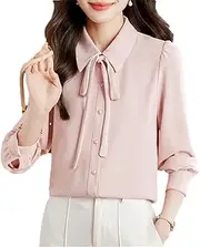[Generic] Women's Turn Down Collar Lace-Up Long Sleeve Chiffon Blouse Office Ladies Business Casual Shirts