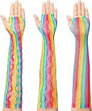 [LittleForBig] Rainbow Striped Fishnet Gloves Fingerless 80s 90s Party Cosplay Costume Accessories for Women 3 Pairs Set