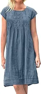 [RegaliaKun] Plus Size Dresses for Curvy Women Cotton Linen Dresses 2025 Women's Summer Short Sleeve Midi Dress Casual Beach Dress