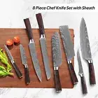 Chef Knife Set Stainless Steel Damascus Pattern Kitchen Knives Block Sharpener