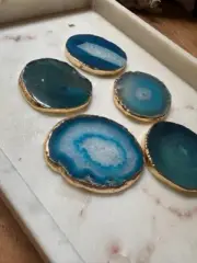 5PC - Blue Agate Gold Rimmed Geode Slice Coaster (5cm) - AU Stock